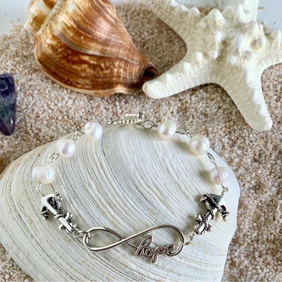 Infinite Hope Anchor & Pearl Beaded Bracelet - Anchored in Hope - Picture 1 of 4